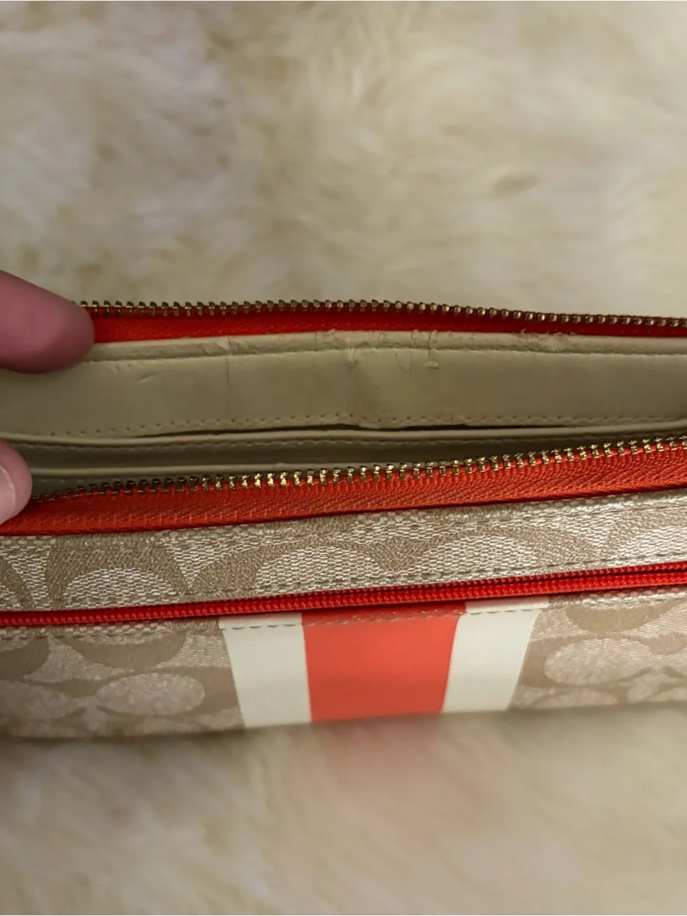 Coach Beige Signature Wristlet with Orange and White Stripes- Authentic